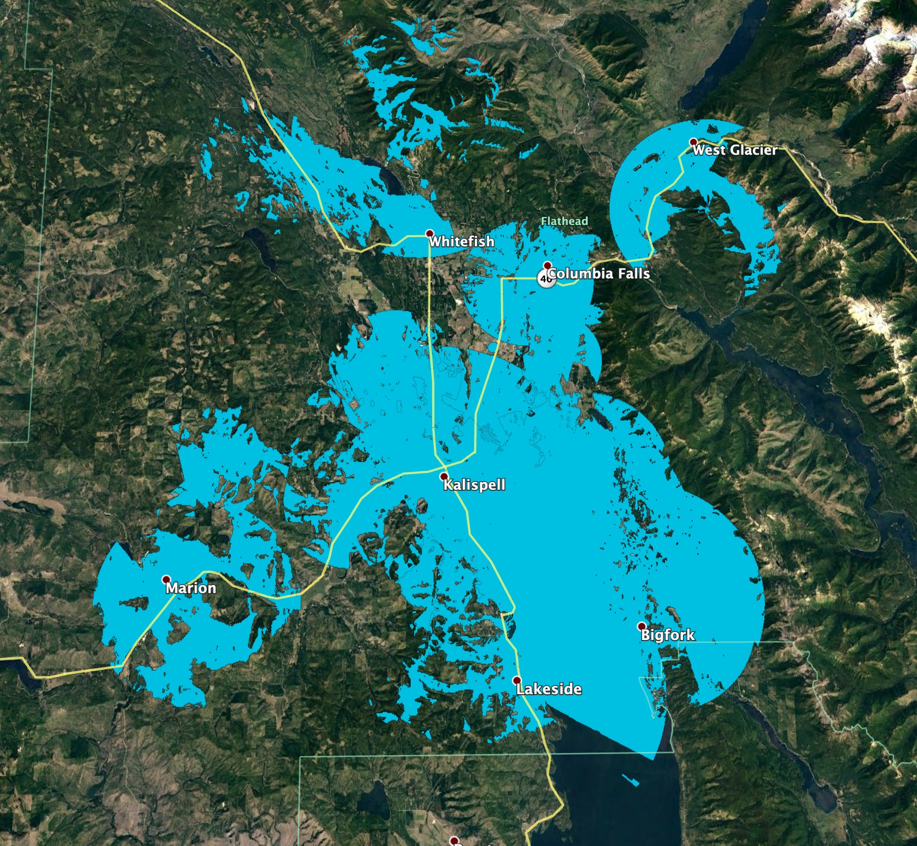 SkyConnect coverage map across the Flathead Valley and surrounding areas